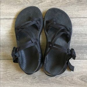 Black double strap Chaco sandals with toe strap